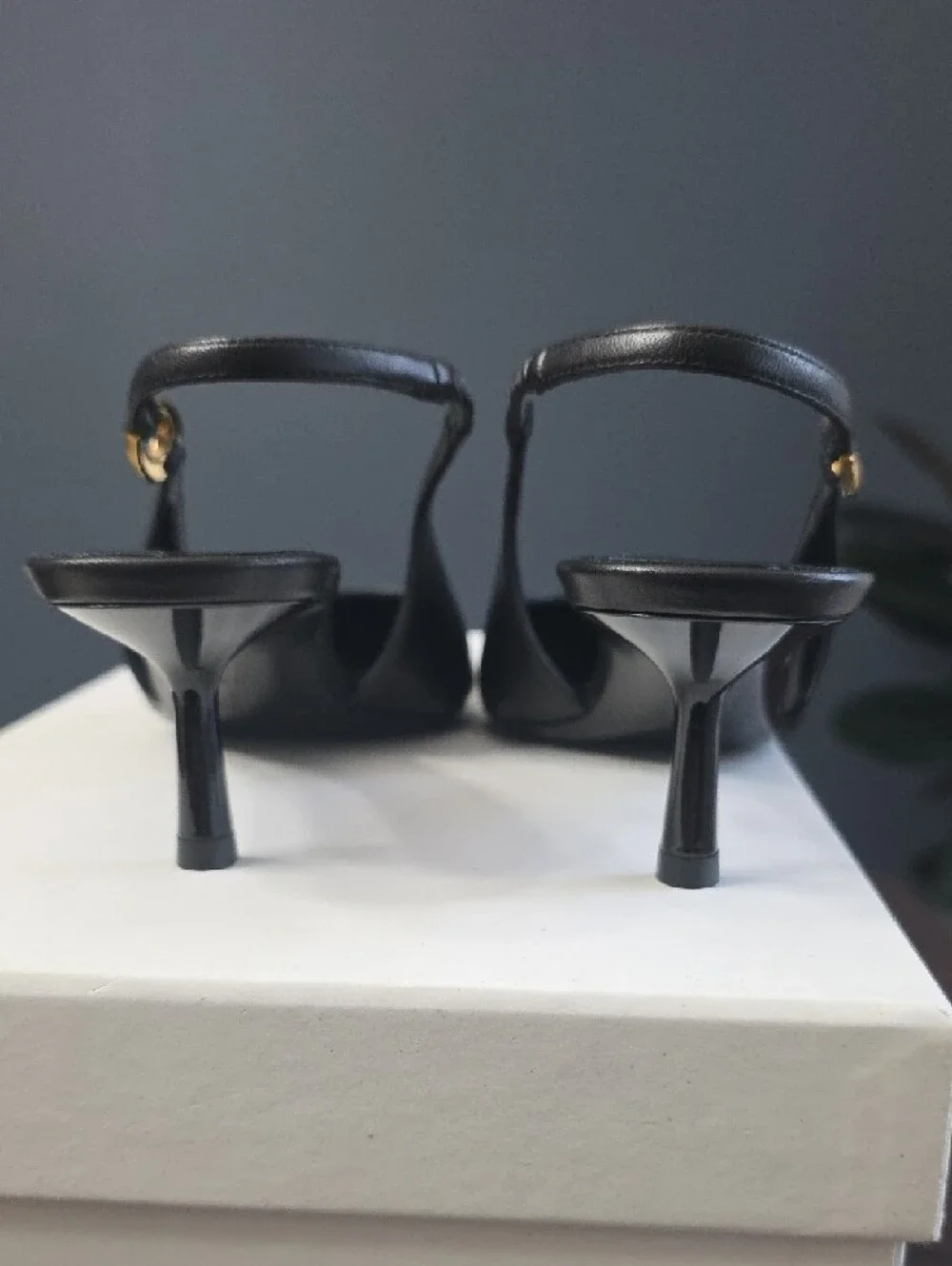 Saint Laurent Black Leather Pointed Slingback Pumps with Gold Accents - Picture 3 of 16